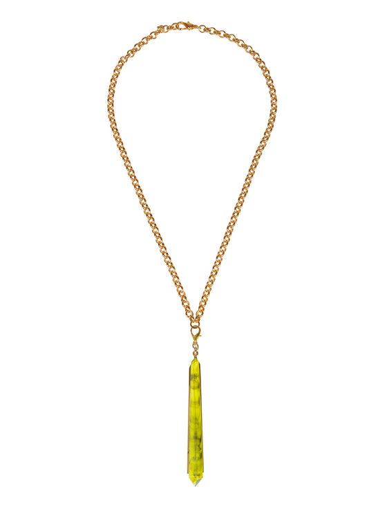 The Montse Necklace Green features a gold chain with a long, green pendant hanging at the center, perfect for a special event on September 2nd.