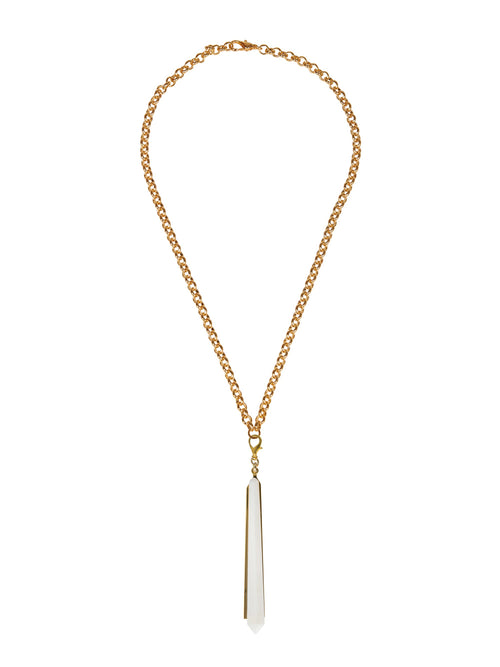 Introducing the Montse Necklace Pearl—a gold chain necklace adorned with a long, slender, tapered crystal pendant. It's perfect for making a statement on August 19th or September 2nd, 2024.