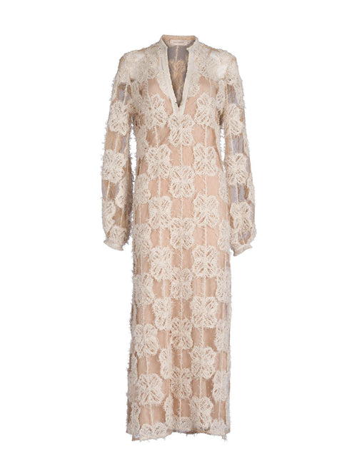 A long, Mayfair Tunic Cream Flowers lace maxi tunic with floral patterns and three-quarter sleeves, displayed against a white background.