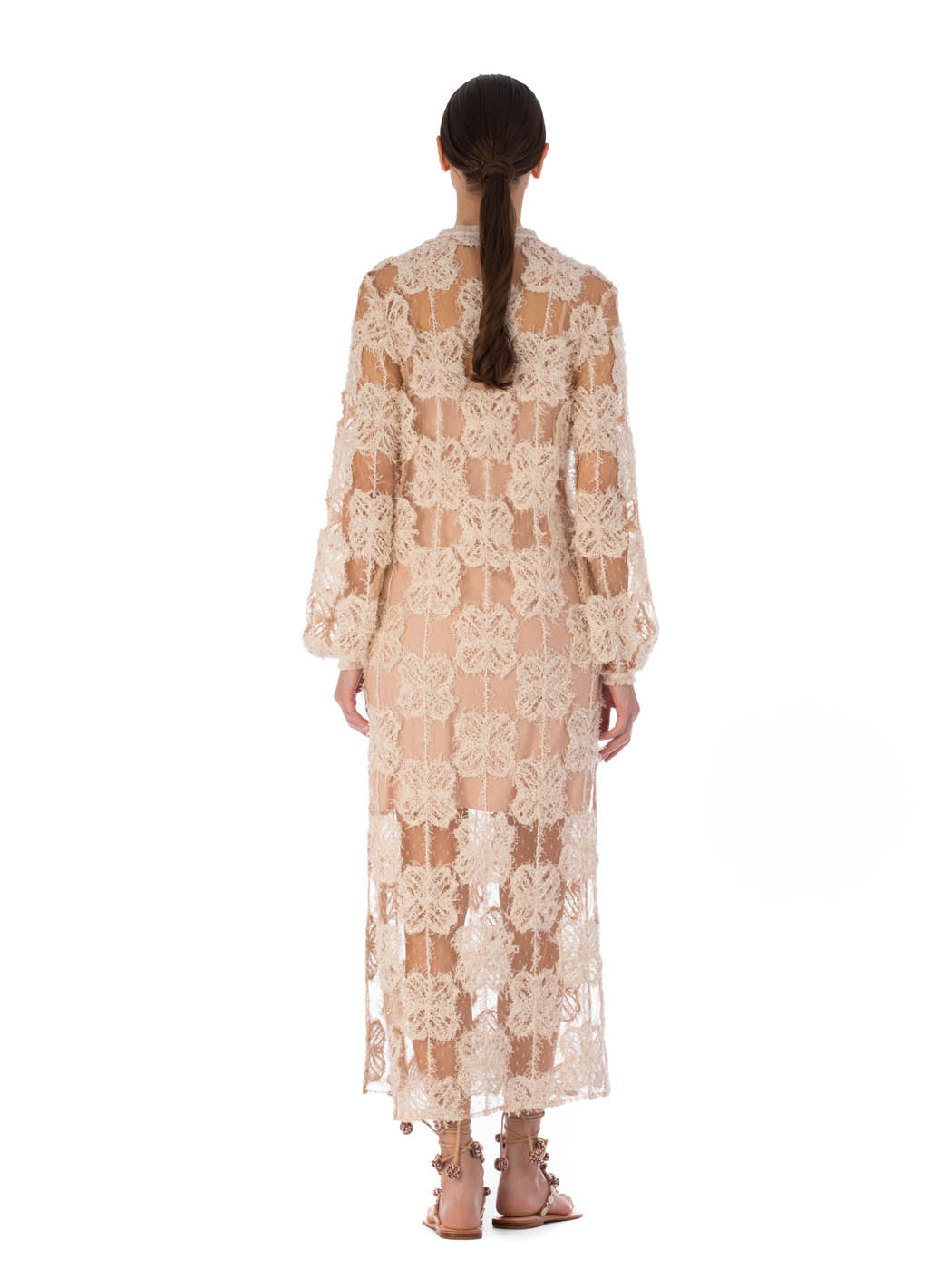 A long, Mayfair Tunic Cream Flowers lace maxi tunic with floral patterns and three-quarter sleeves, displayed against a white background.