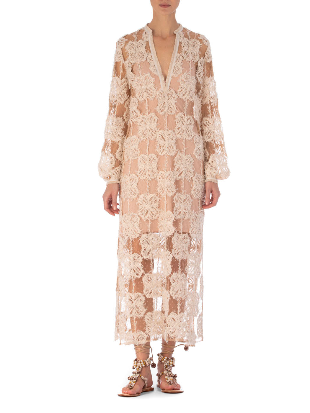 A long, Mayfair Tunic Cream Flowers lace maxi tunic with floral patterns and three-quarter sleeves, displayed against a white background.