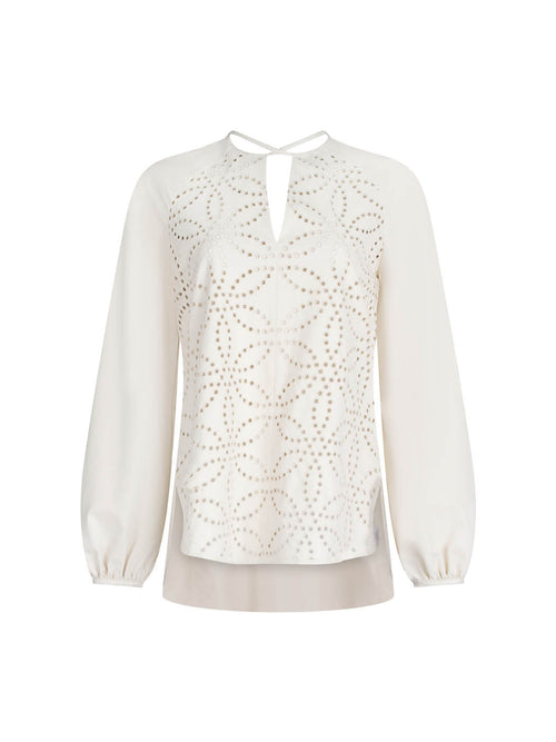 Molveno Blouse Pearl long-sleeve embroidered blouse with laser-cut details and a keyhole neckline, isolated on a white background.