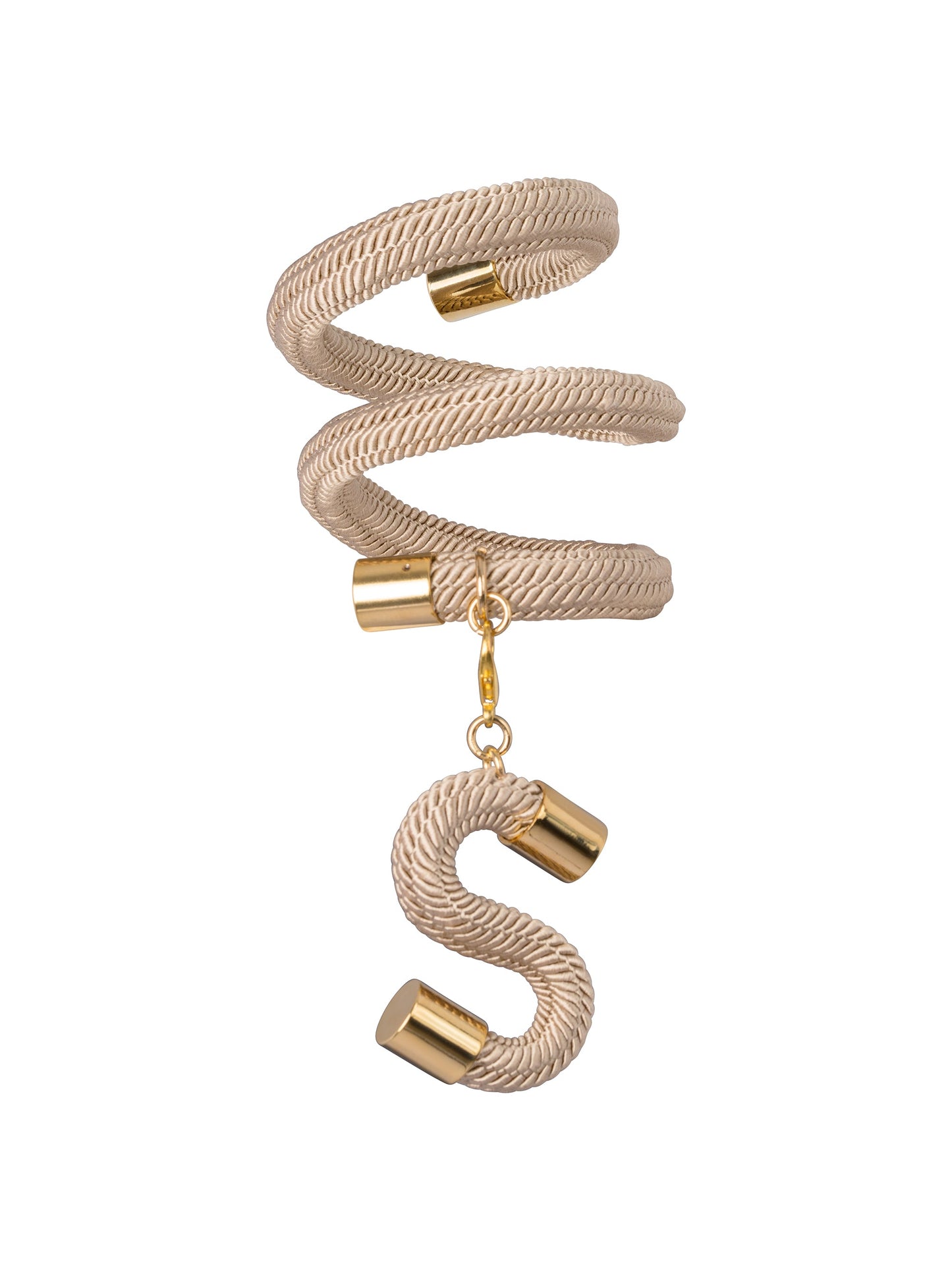 The Nicky Bracelet Pearl is a gold-toned, coiled rope bracelet adorned with a dangling 'S' charm at the end and featuring metallic end caps. It's perfect for adding elegance to your outfit on August 19th, 2024.