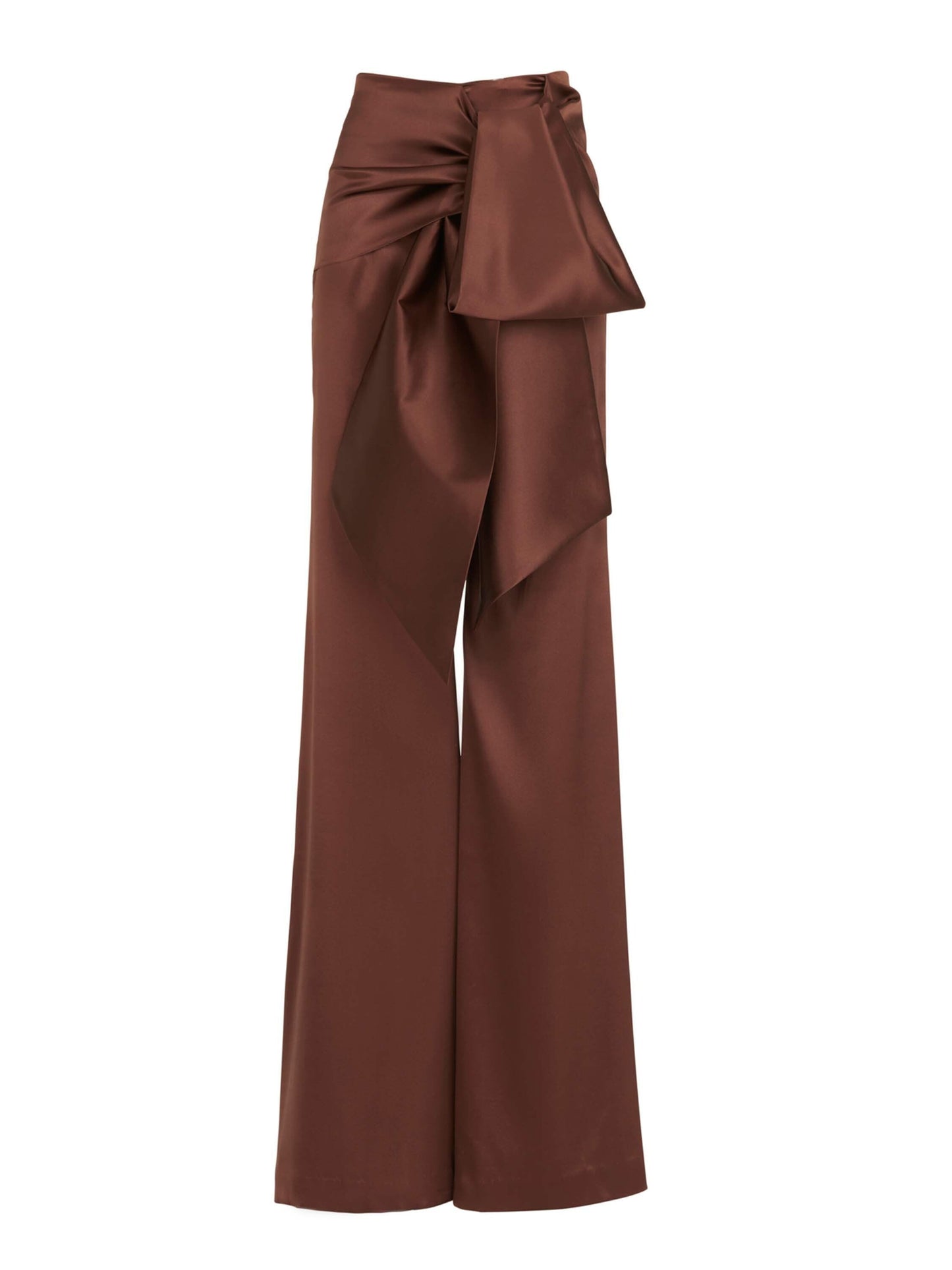 Noa Pant Brown high-waisted trousers with wide-legged hems and a charming bow detail at the waist.