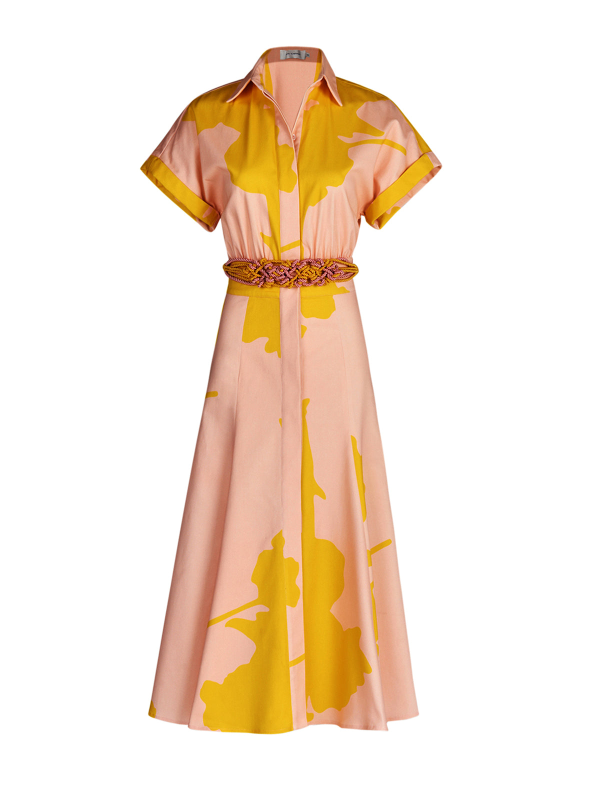 A Noor Dress Yellow Nude Floral with a belt.