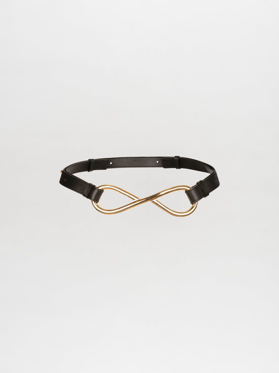 Pre-order the Oihana Belt Black featuring a gold-tone infinity-shaped buckle in the center, available for shipment by November 15th, 2024.