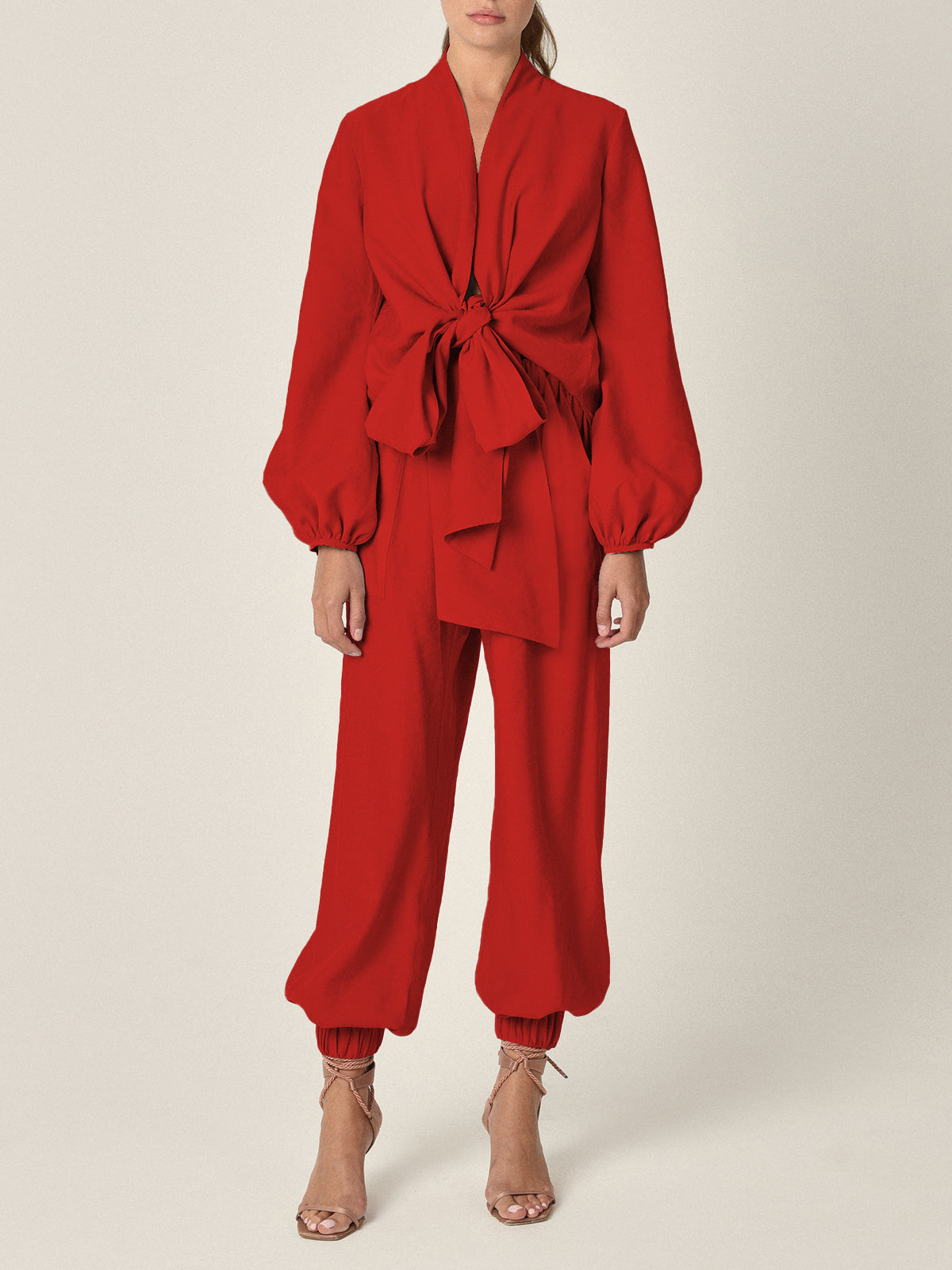 The Honey Blouse Rouge is a vibrant rouge fabric blouse featuring a red long-sleeved design with a large front knot, bishop sleeves with elastic cuffs, and a plunging neckline.