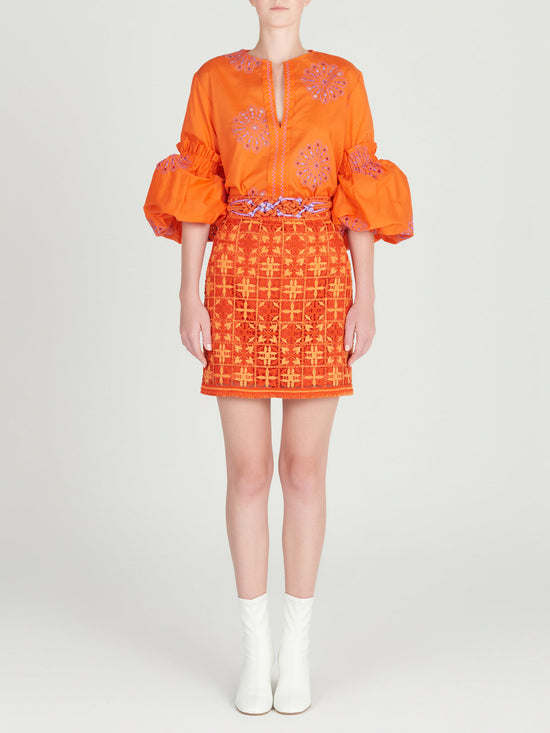 Idalia Skirt Red Orange Crochet with a floral pattern, displayed on a plain white background.