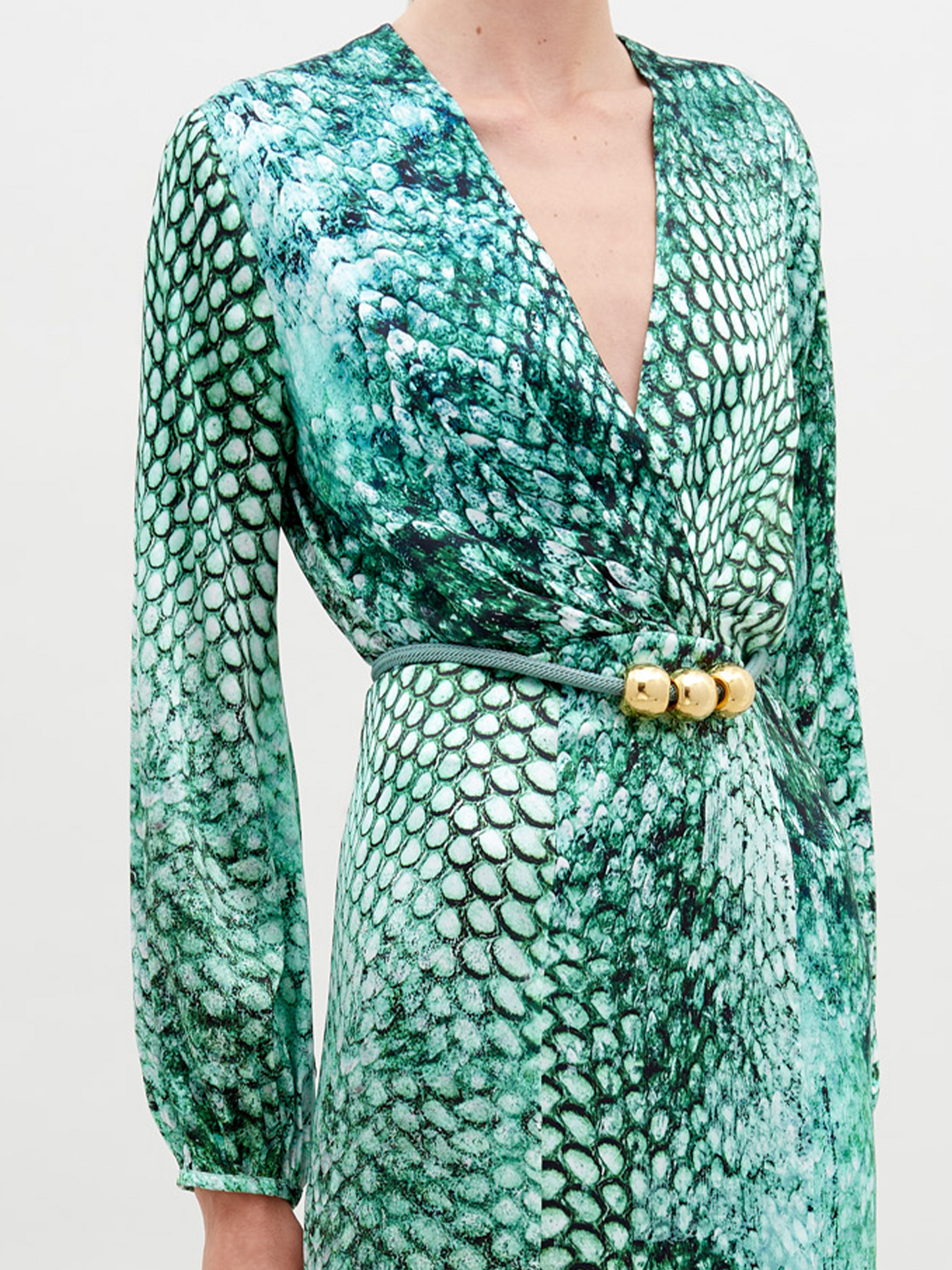 A person stands wearing the Remy Dress Emerald Animal Print, a green long-sleeve, full-length dress with a pattern resembling scales, featuring a V-neckline and a belt with ornamental details. Available for pre-order now, this stunning piece will ship by date November 15th, 2024. The background is plain white.