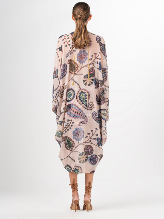 A Adaya Kaftan Blue Green Paisley silk kimono with long sleeves.