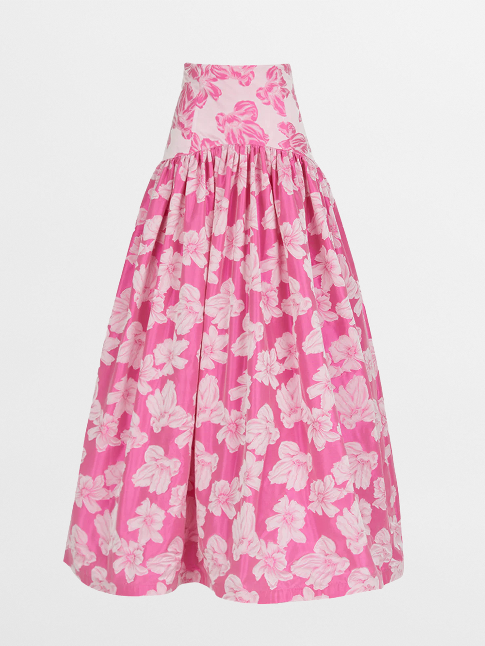 The Silvia Tcherassi Danu Skirt Magenta Floral is a high-waisted, ankle-length midi skirt with a fitted waist and voluminous gathered silhouette, featuring a magenta floral print on bright pink.