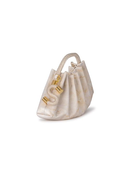 The ST Clutch Cream Abstract Print, a cream-colored, triangular-shaped handbag with a textured fabric, gathered design, and gold embellishments on the handle—a perfect accessory for your September 2024 wardrobe.