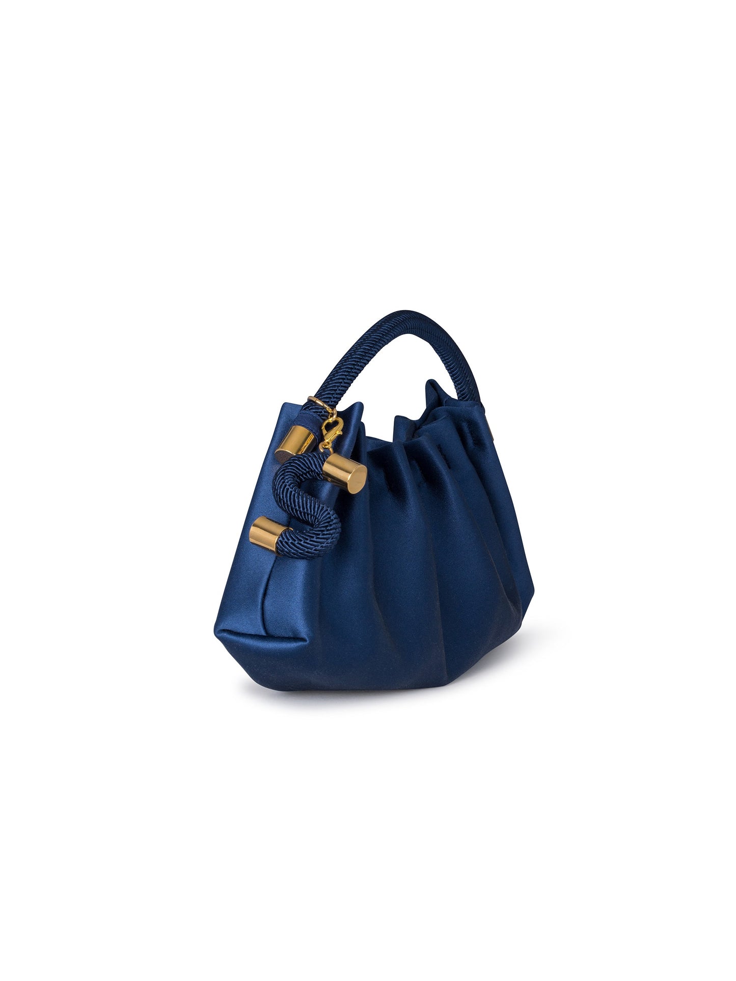 The ST Clutch Navy, featuring a curved pleated design in blue satin with a rope handle and gold accents, will debut on September 2nd, 2024.