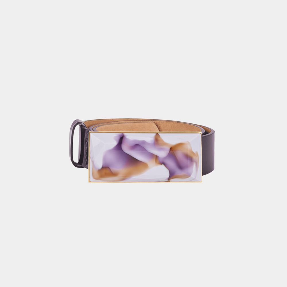 The Silvia Tcherassi Dora Belt Brown Purple Marble features a bold rectangular buckle and a marbled purple and white front panel against a plain white background.