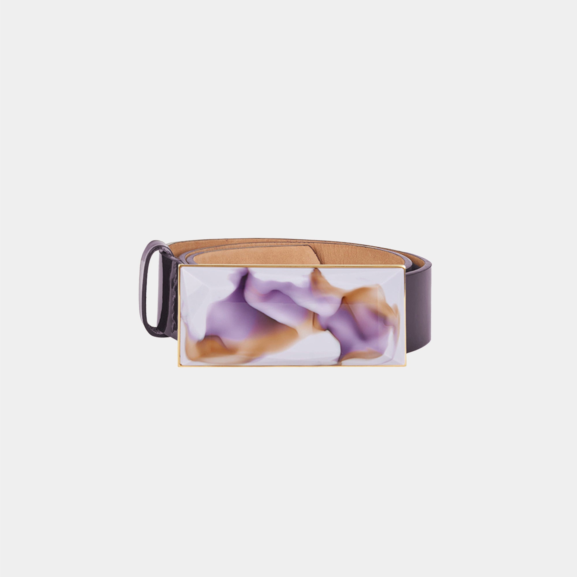 The Silvia Tcherassi Dora Belt Brown Purple Marble features a bold rectangular buckle and a marbled purple and white front panel against a plain white background.