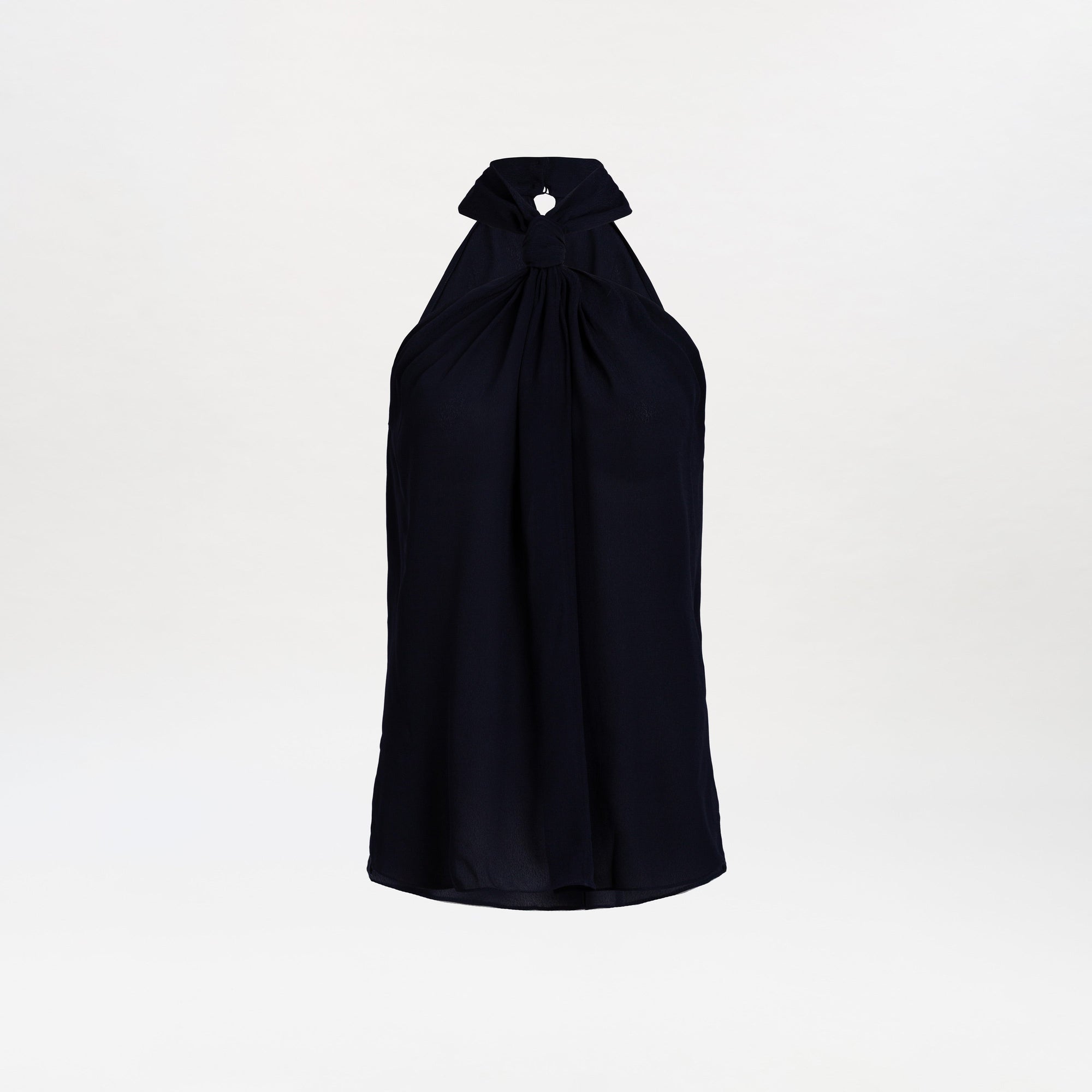 Black sleeveless Teagan Blouse featuring a halter neck with a gathered neckline and a small keyhole cutout beneath the collar, displayed on a white background.