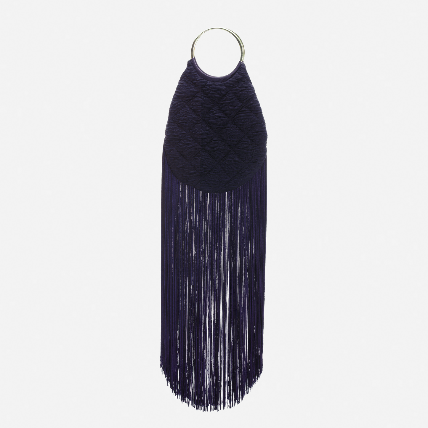 Navy blue dress with fringe details on a white background
