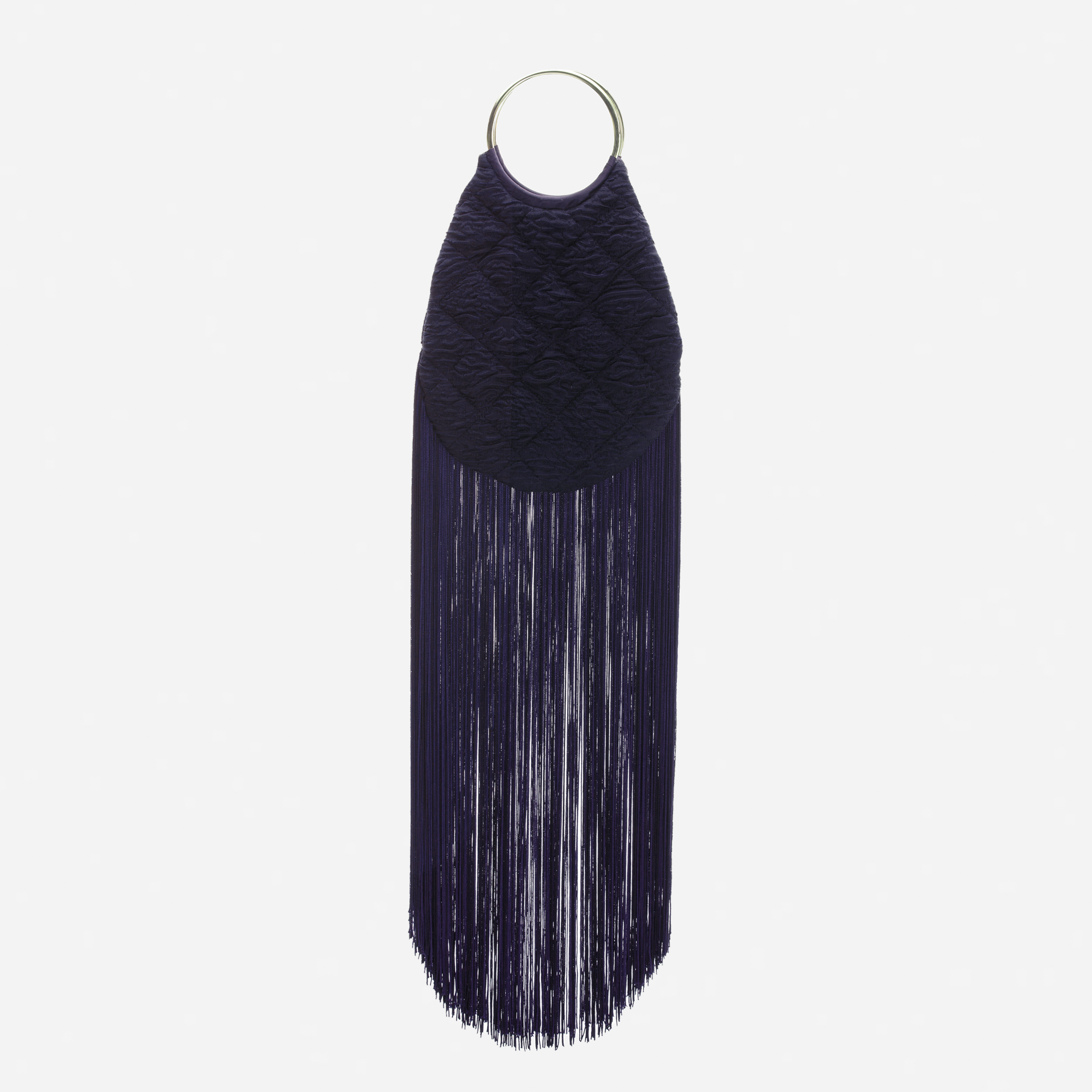 Navy blue dress with fringe details on a white background