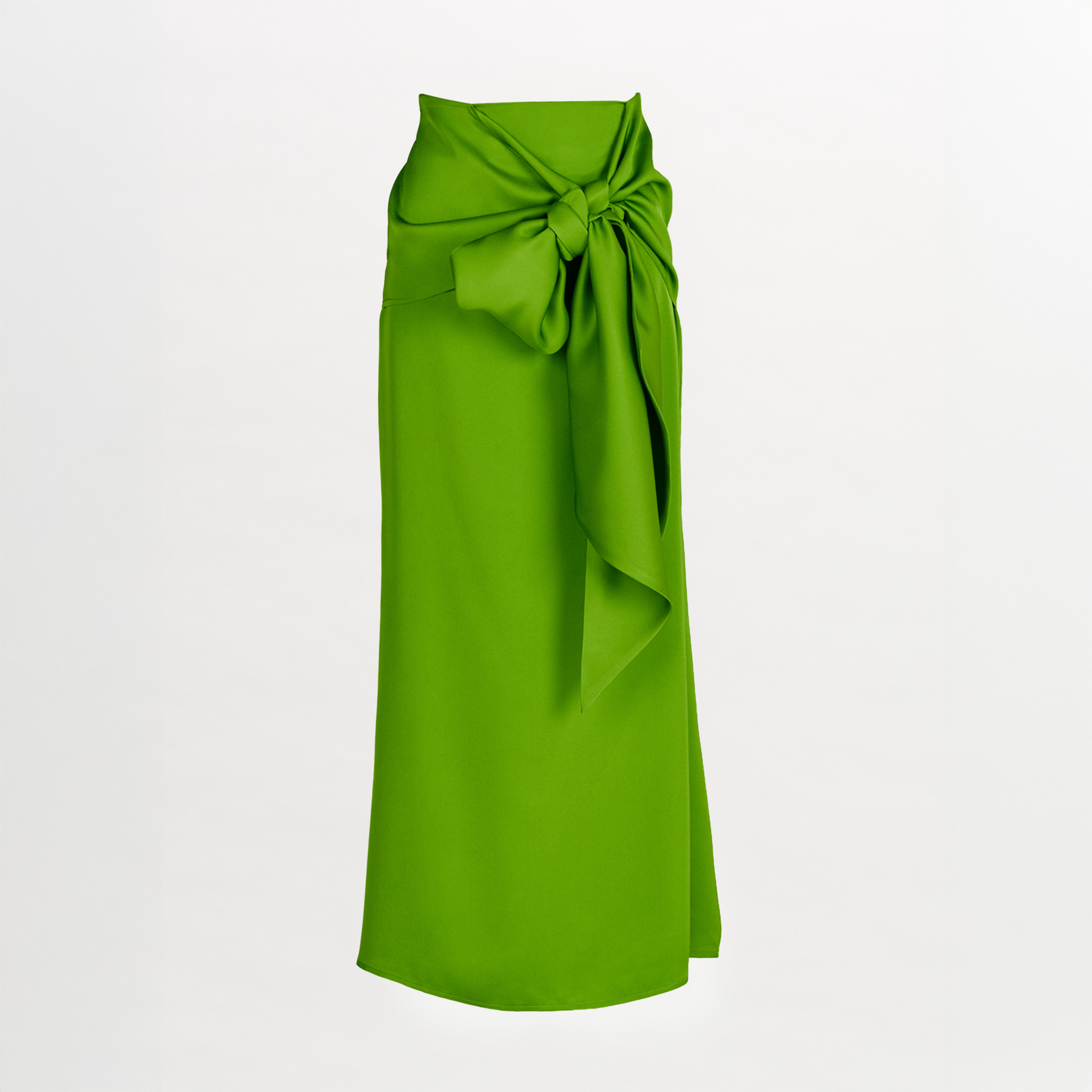 The Trento Skirt is an ankle-length, bright green lime viscose skirt with a high waist, a front-tied elegant bow, smooth texture, and a straight, slightly draped silhouette.