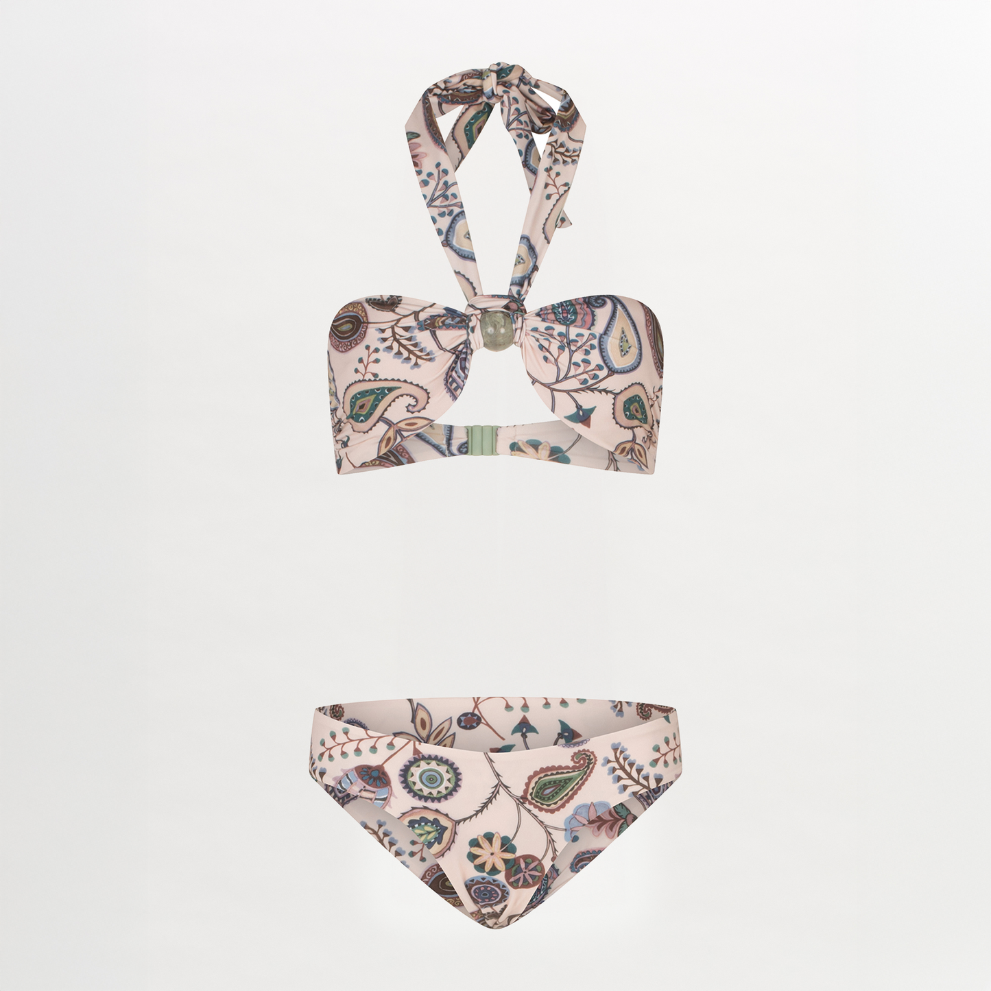 The Silvia Tcherassi US Valderice Top + Fermina Bikini, in beige paisley print, includes a strapless bandeau top with front knot and halter neck strap plus matching bottoms, shown on a plain white background.