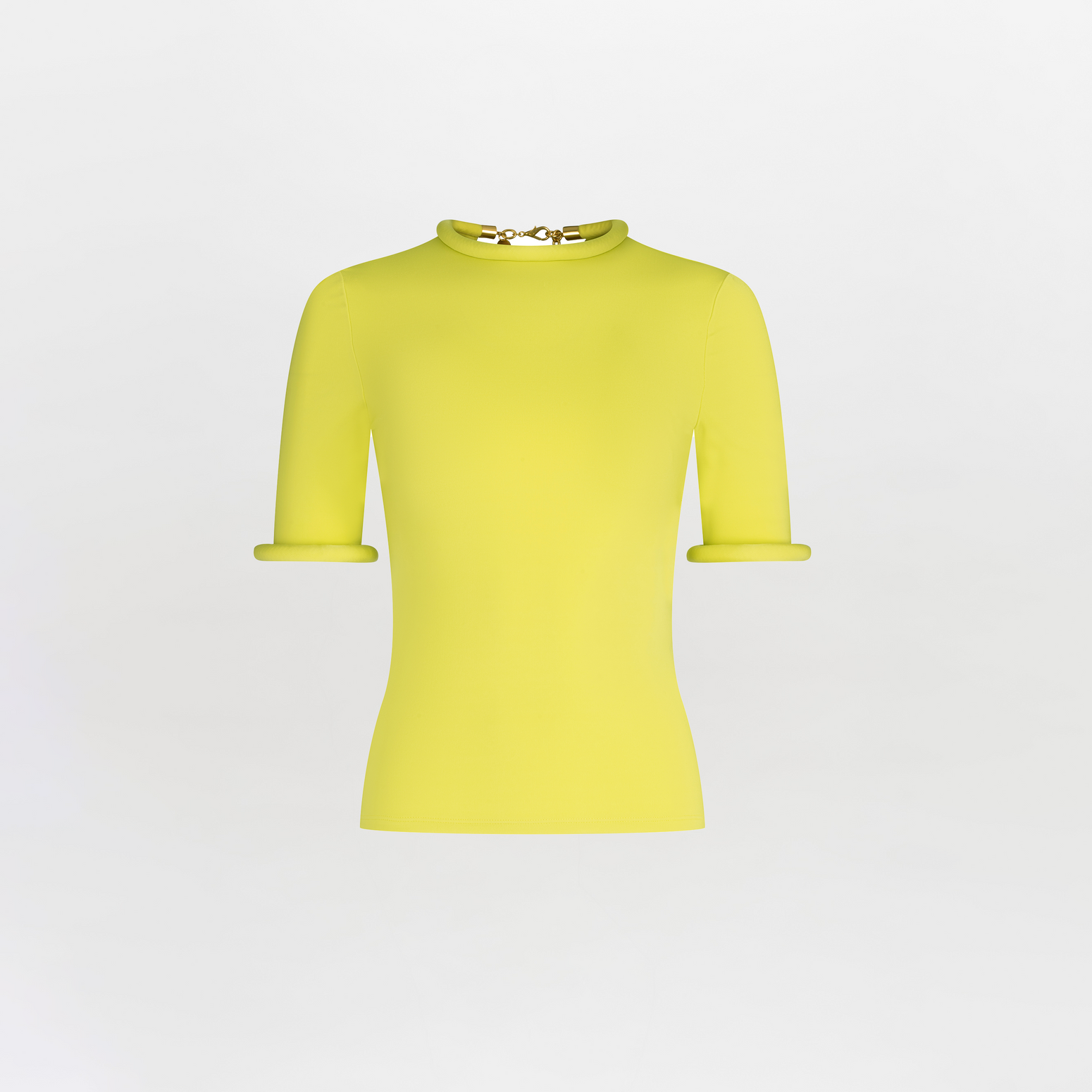 The Venecia T-Shirt by SVT DESIGNS is displayed against a white background. This bright yellow short-sleeve top features a high collar with rolled cuffs and textured knit fabric, accented by a gold chain detail for added sophistication.