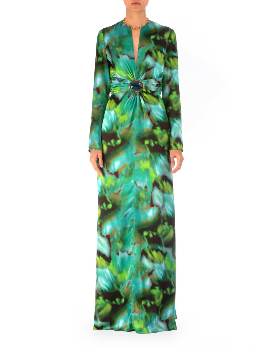 A Zarina Dress Juniper Green featuring a vibrant green and blue floral pattern and a circular belt buckle at the waist, displayed against a white background.