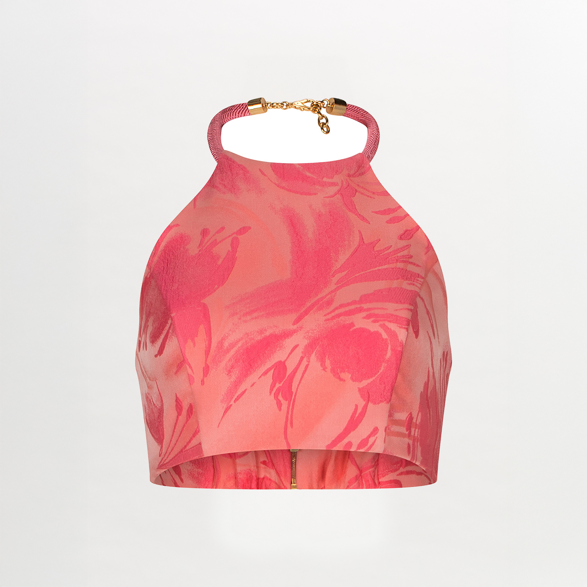 The Zita Top by Silvia Tcherassi US is a sleeveless pink crop top with a high neck, abstract floral pattern, metallic jewelry detail, and gold clasp closure. Its slightly shiny fabric is shown against a white background.