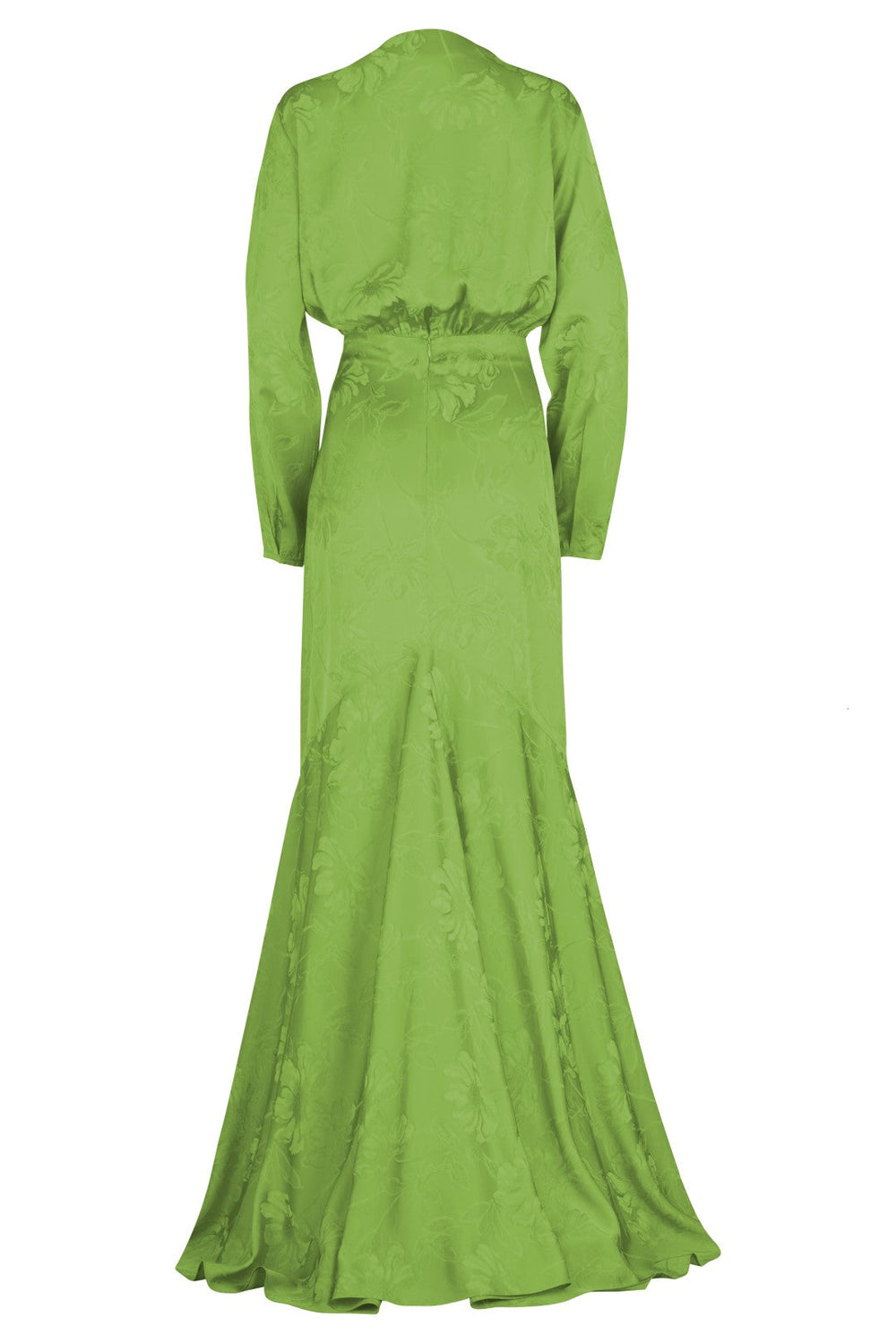 The Albarella Dress Green by SilviaTcherassi is an elegant jacquard dress in an emerald shade with a fitted waist, flared hem, subtle floral pattern, long sleeves, high neckline, and a waist-slimming bow tie at the back.