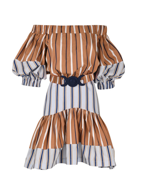 Lola Dress Camel Navy Stripes